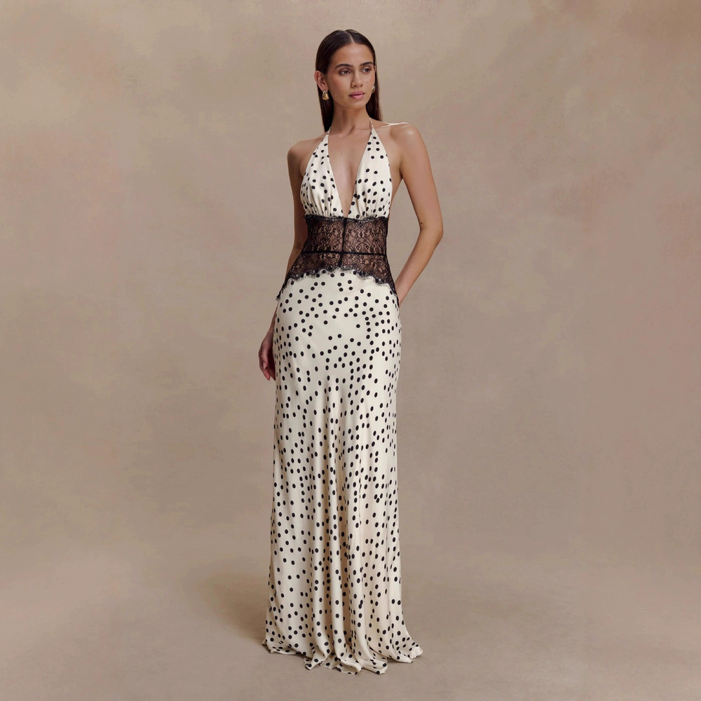 ZARA Chic Sexy Polka Dot Lace Women Backless Cinched Waist Maxi Dress